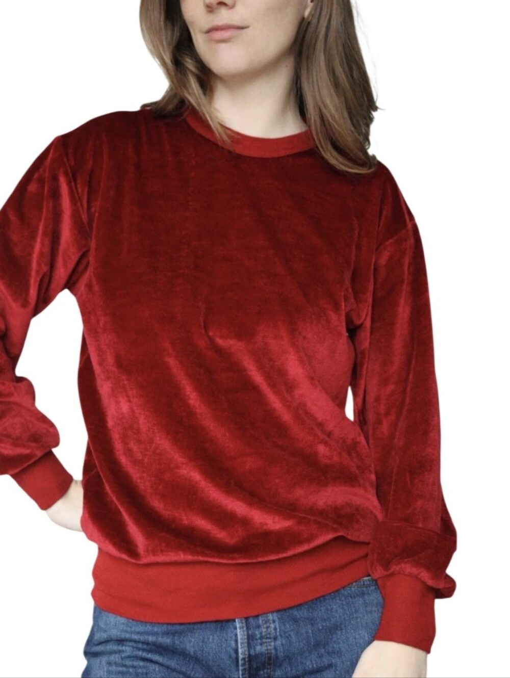 #K04 Faded Glory Plush Red Velvet Crewneck Sweater